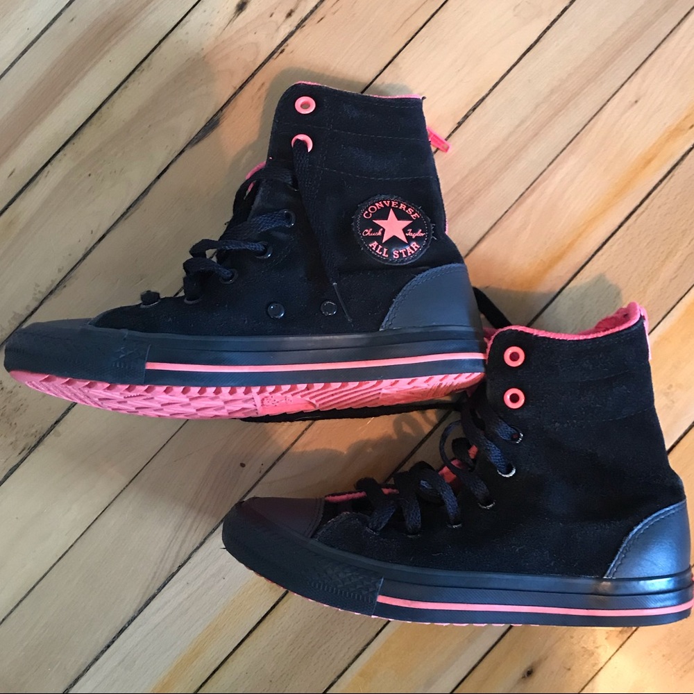 Girls hot pink and black converse high tops.